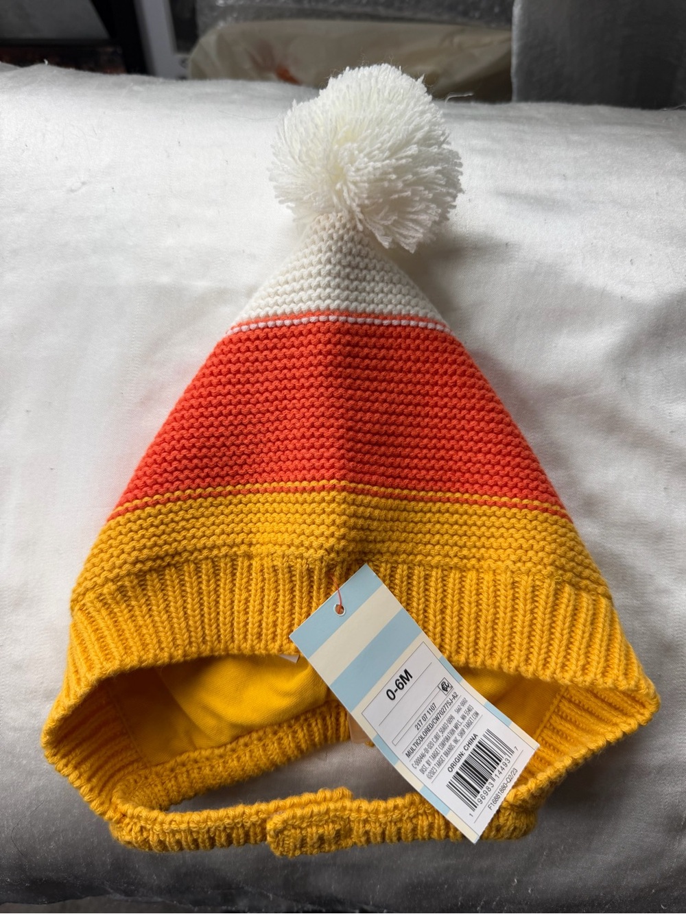 Infant Candy Corn Striped Pom Pom Knit Hat